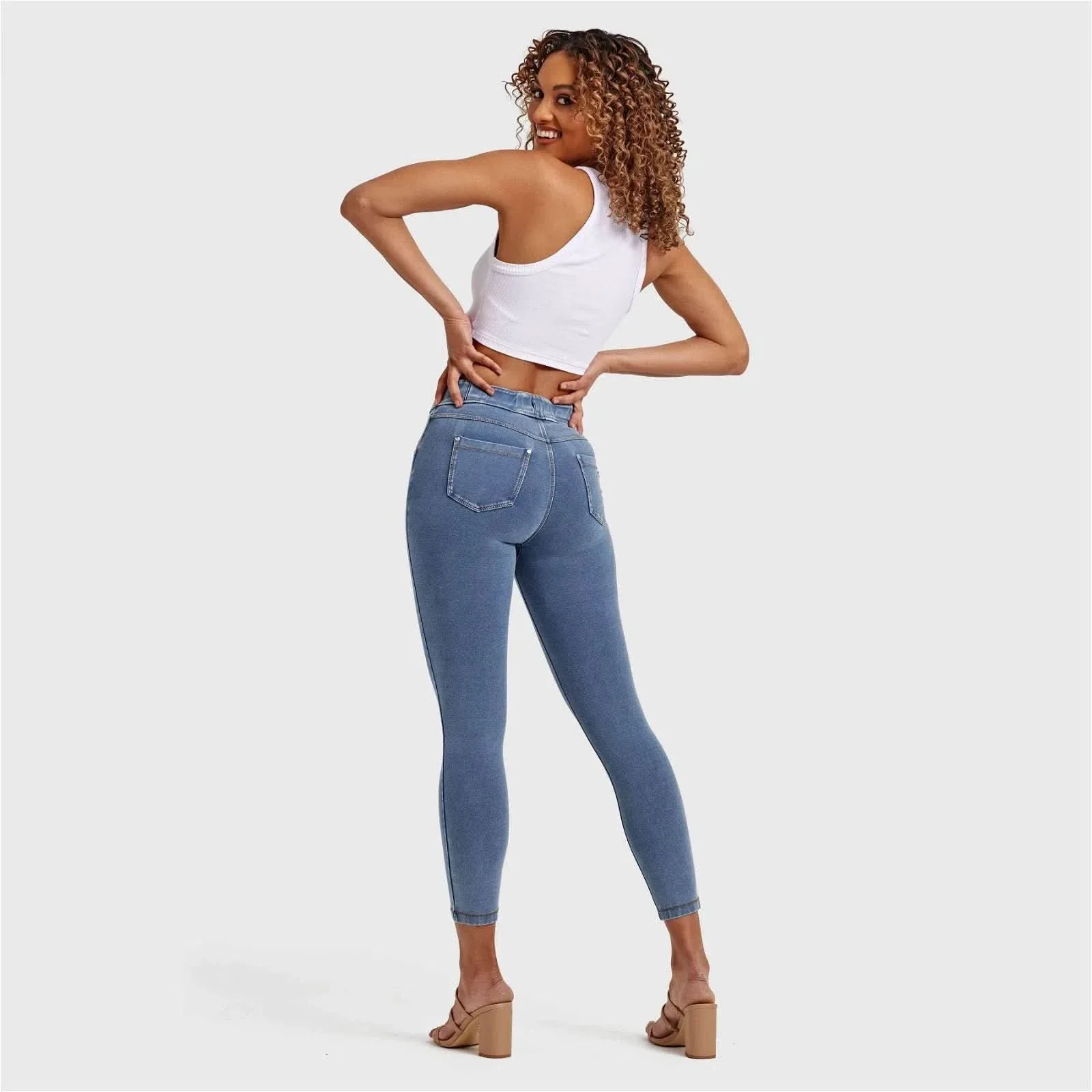 N.O.W® Denim - High Waisted - 7/8 Length - Light Blue + Yellow Stitching - Image 5