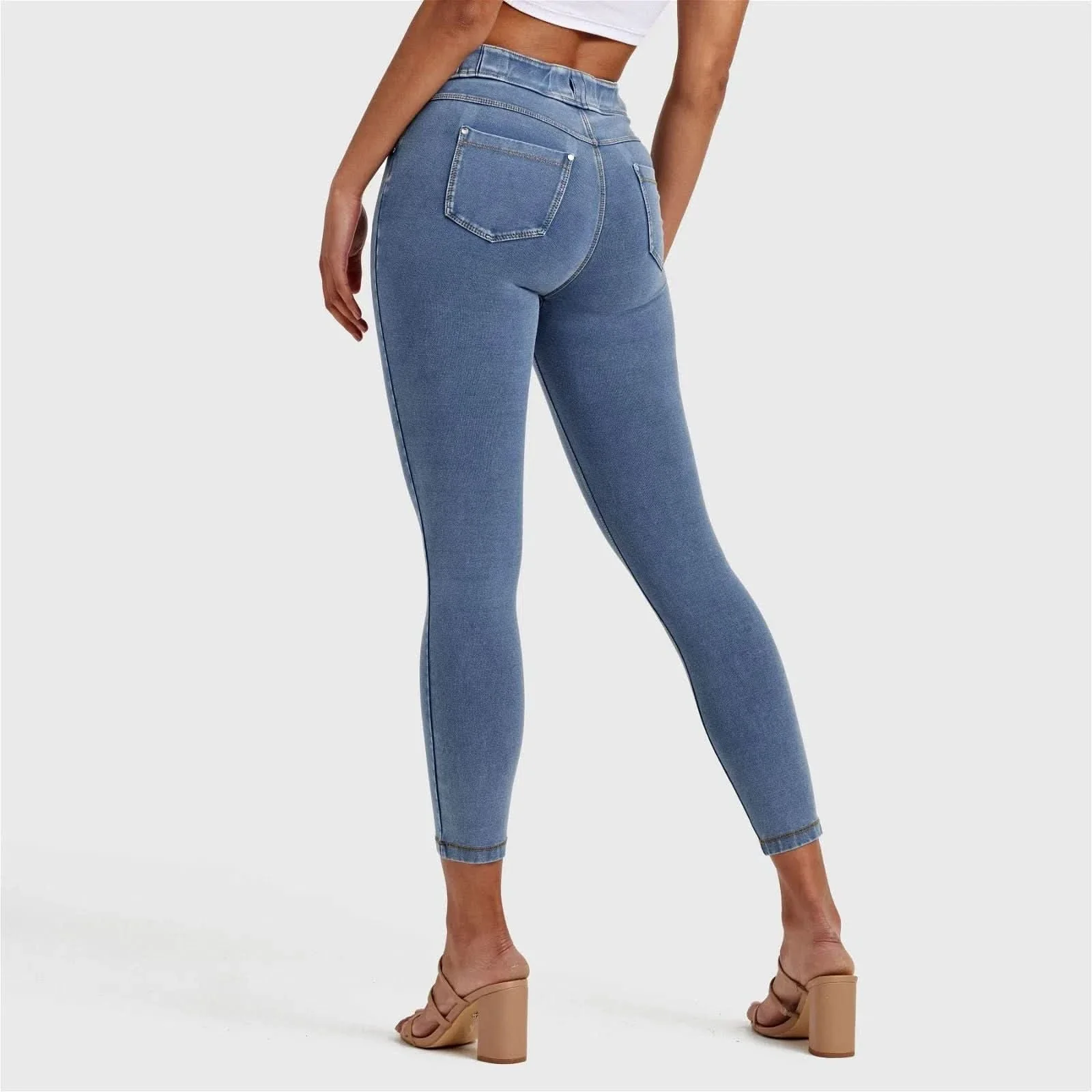 N.O.W® Denim - High Waisted - 7/8 Length - Light Blue + Yellow Stitching - Image 9