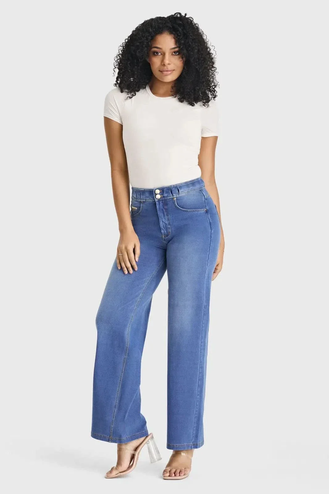 N.O.W® Denim Limited Edition - High Waisted - Wide Leg - Light Blue + Yellow Stitching - Image 3
