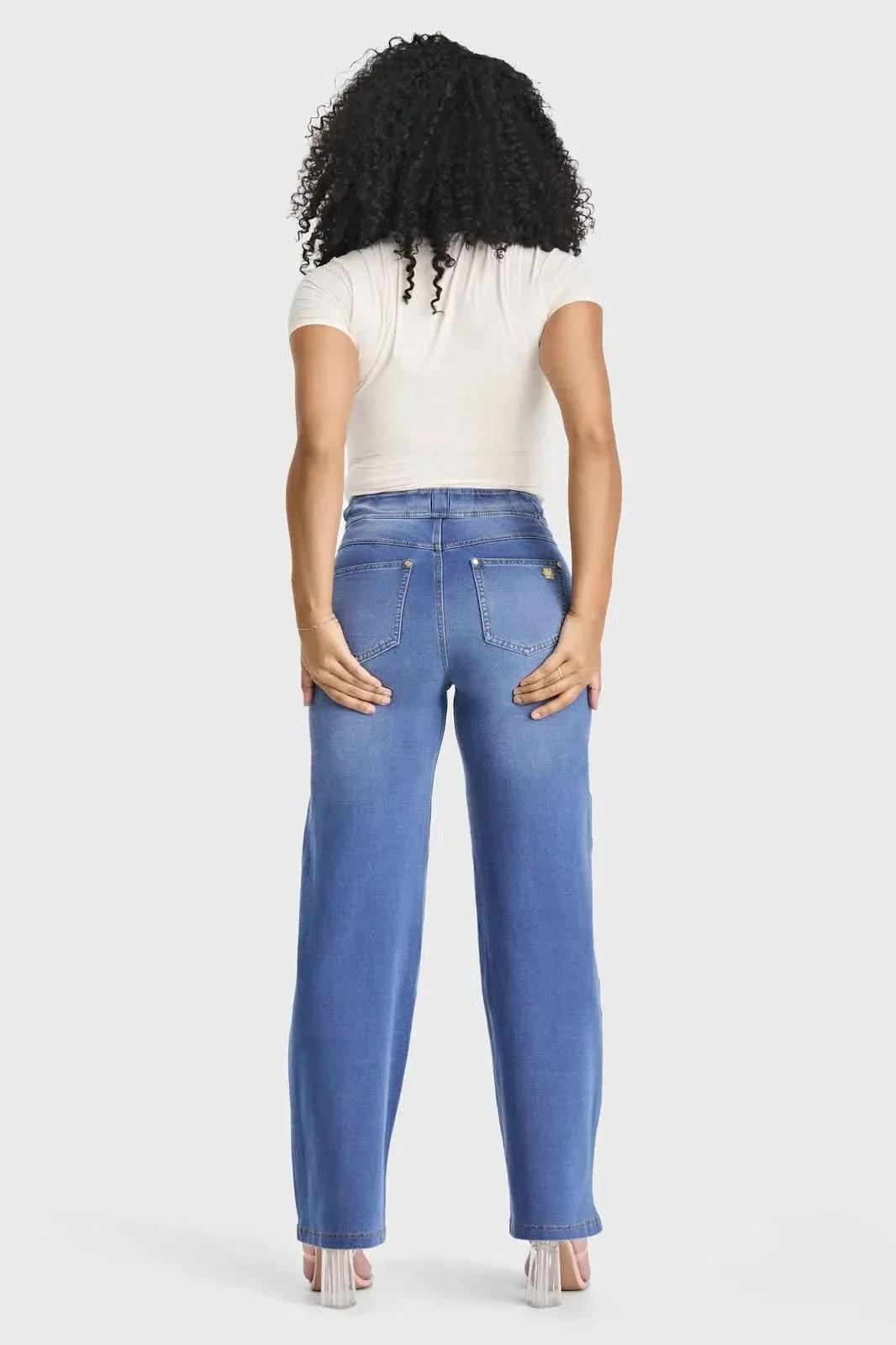 N.O.W® Denim Limited Edition - High Waisted - Wide Leg - Light Blue + Yellow Stitching - Image 4
