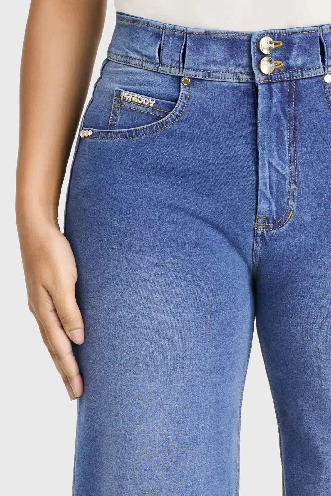 N.O.W® Denim Limited Edition - High Waisted - Wide Leg - Light Blue + Yellow Stitching - Image 9