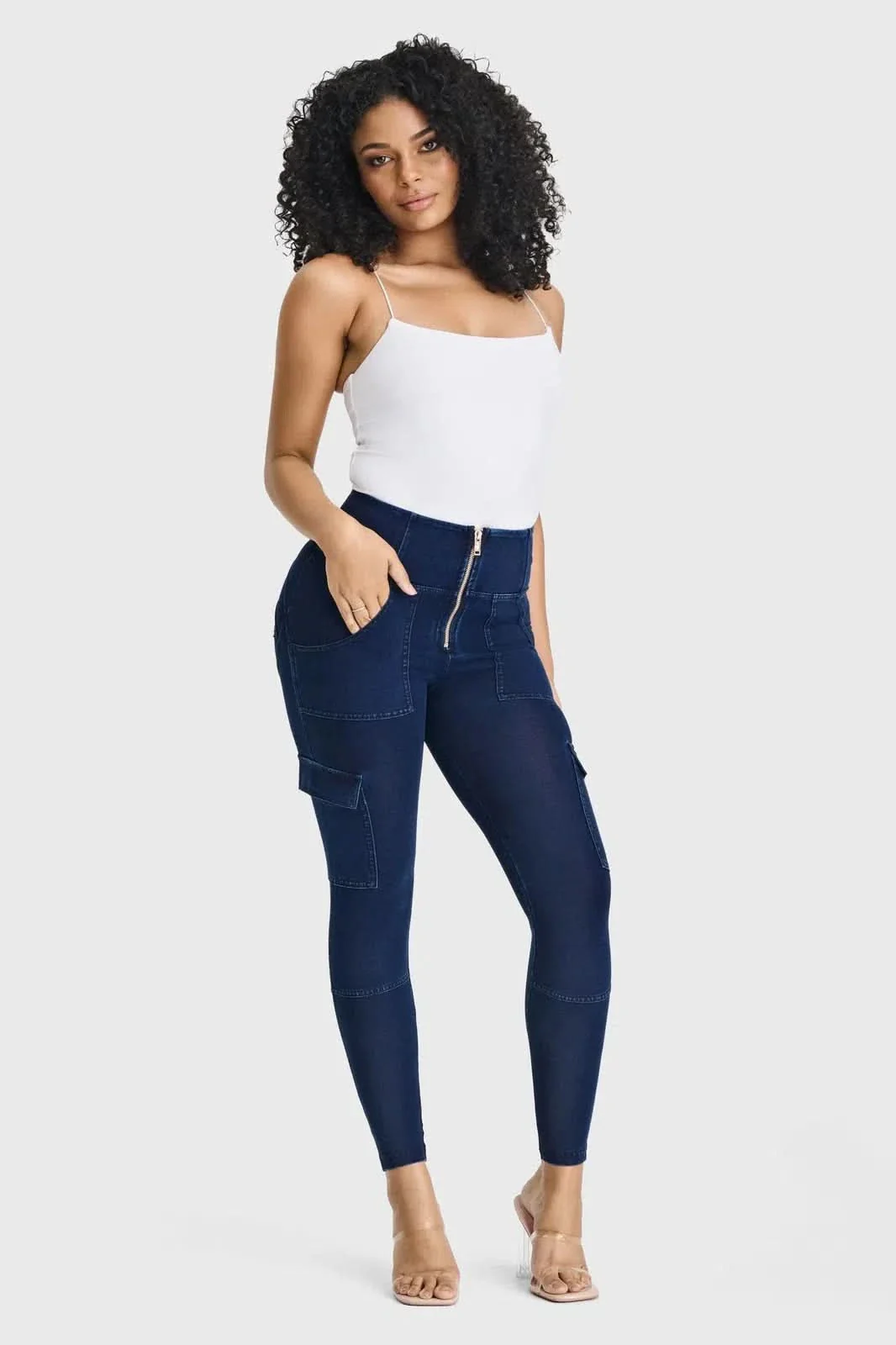 WRUP Cargo Denim - High Waisted - 7/8 Length - Dark Blue + Blue Stitching - Image 2