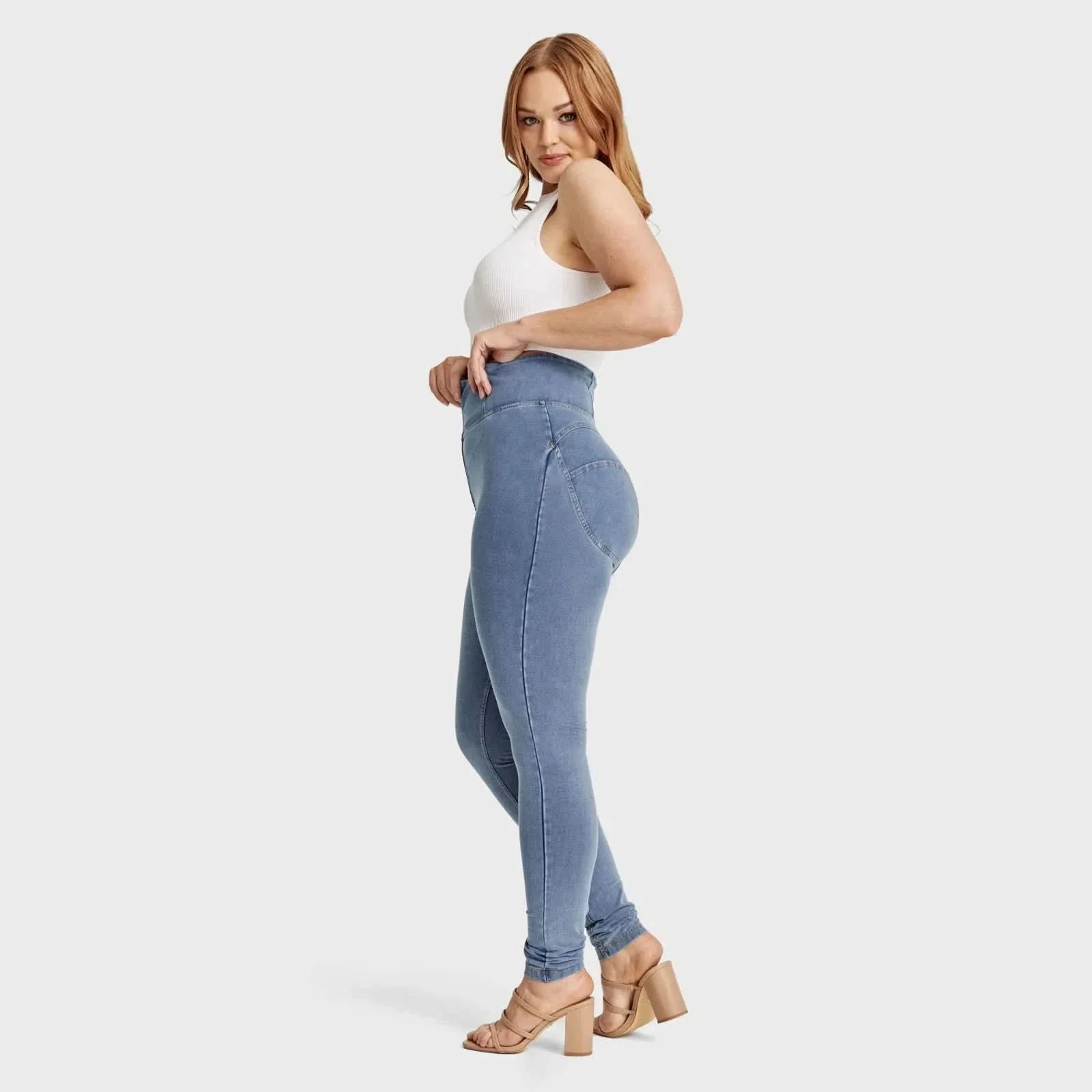 WRUP Curvy Denim - Zip High Waisted - Full Length - Light Blue + Yellow Stitching - Image 6
