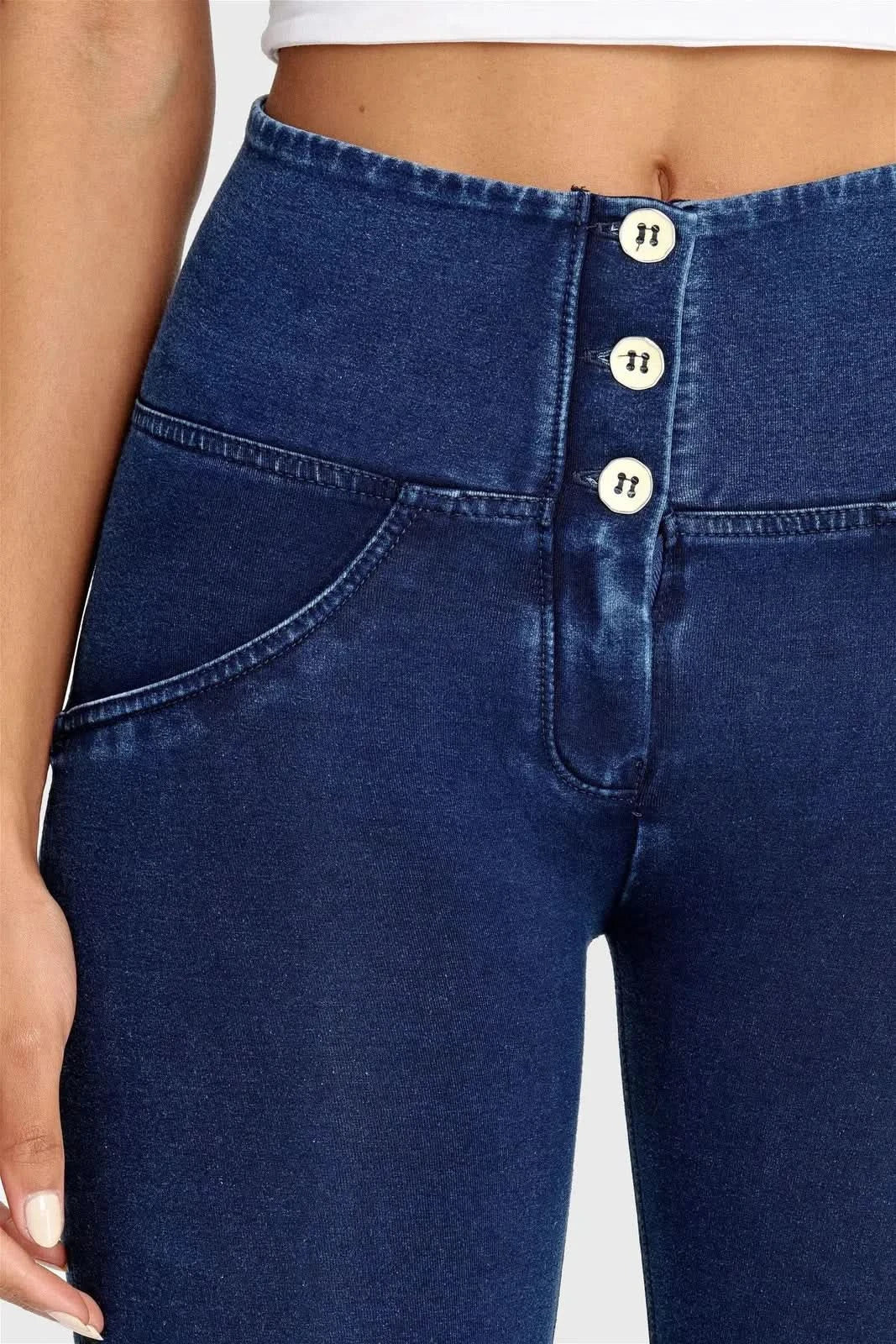 WRUP Denim - 3 Button High Waisted - 7/8 Length - Dark Blue + Blue Stitching - Image 9