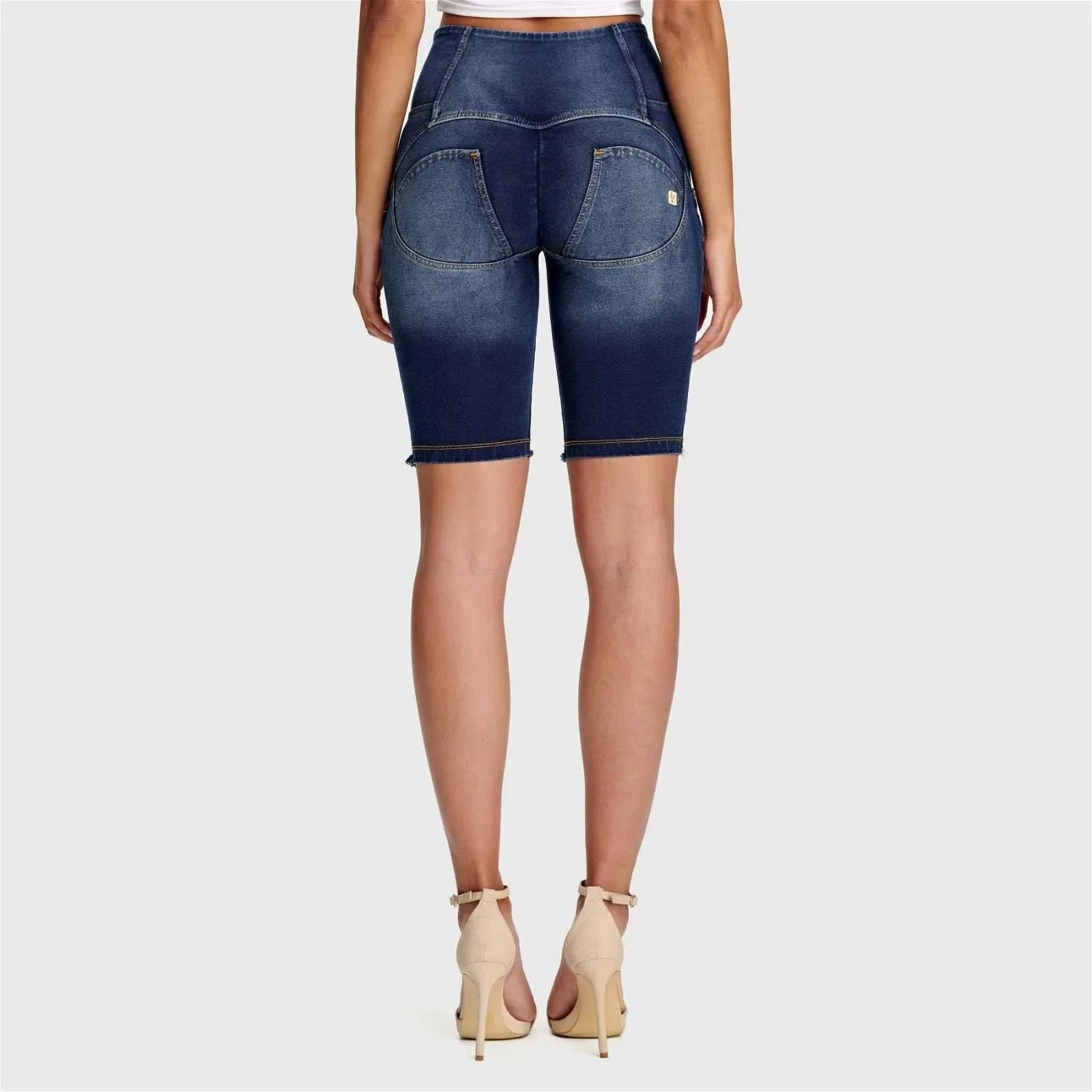 WRUP Denim - High Waisted - 3 Button Biker Shorts - Dark Blue + Yellow Stitching - Image 3