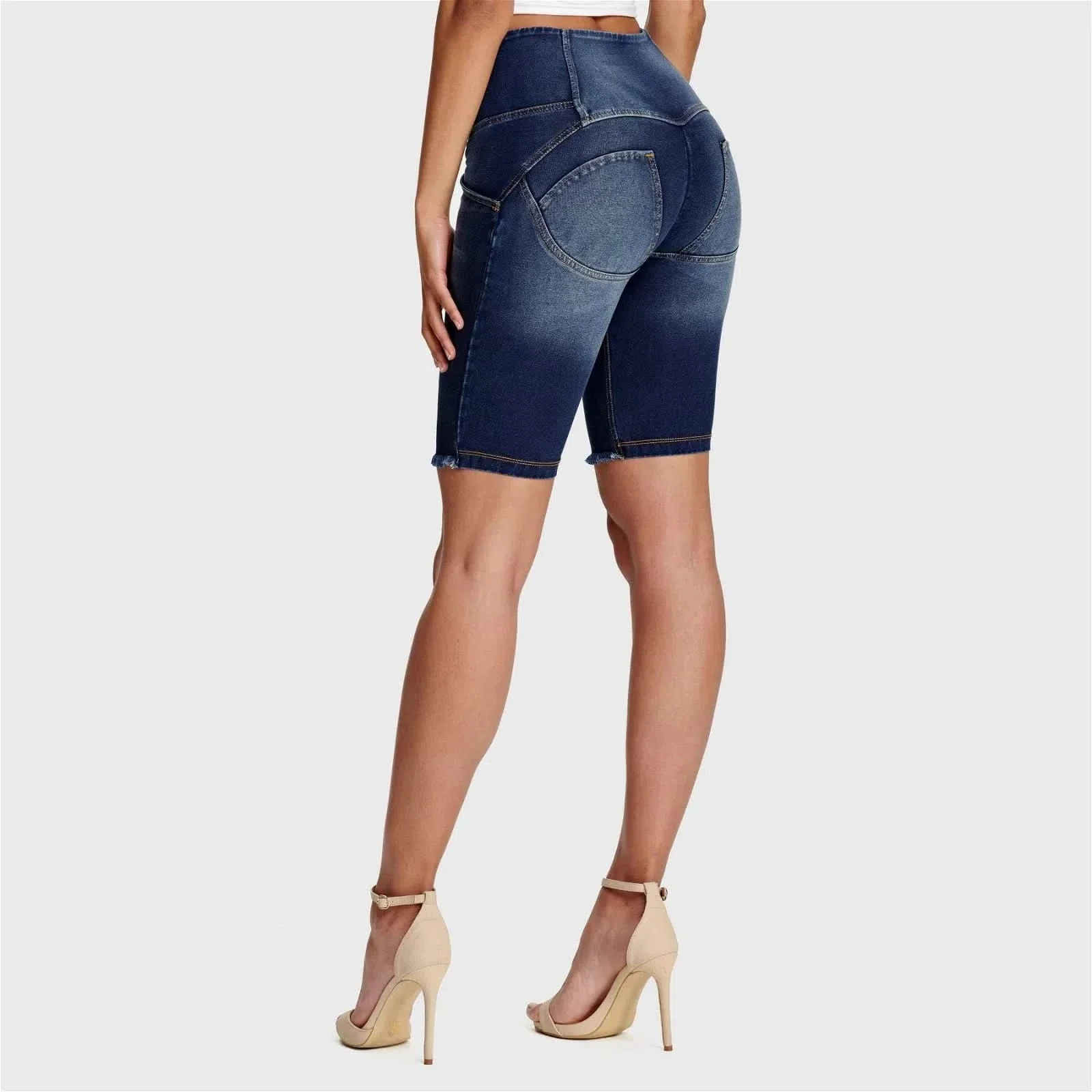 WRUP Denim - High Waisted - 3 Button Biker Shorts - Dark Blue + Yellow Stitching - Image 4
