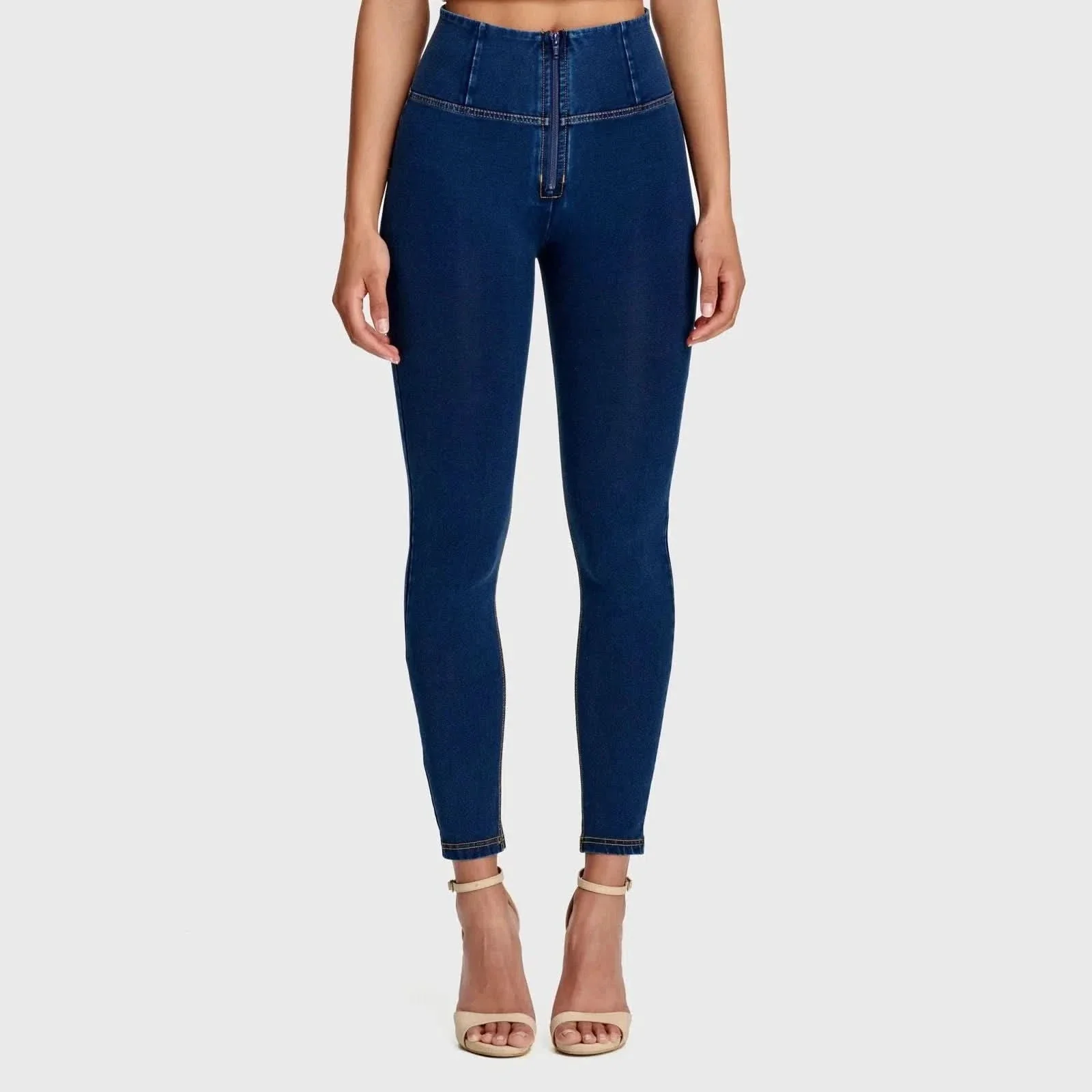 WRUP Denim - High Waisted - 7/8 Length - Dark Blue + Yellow Stitching - Image 3