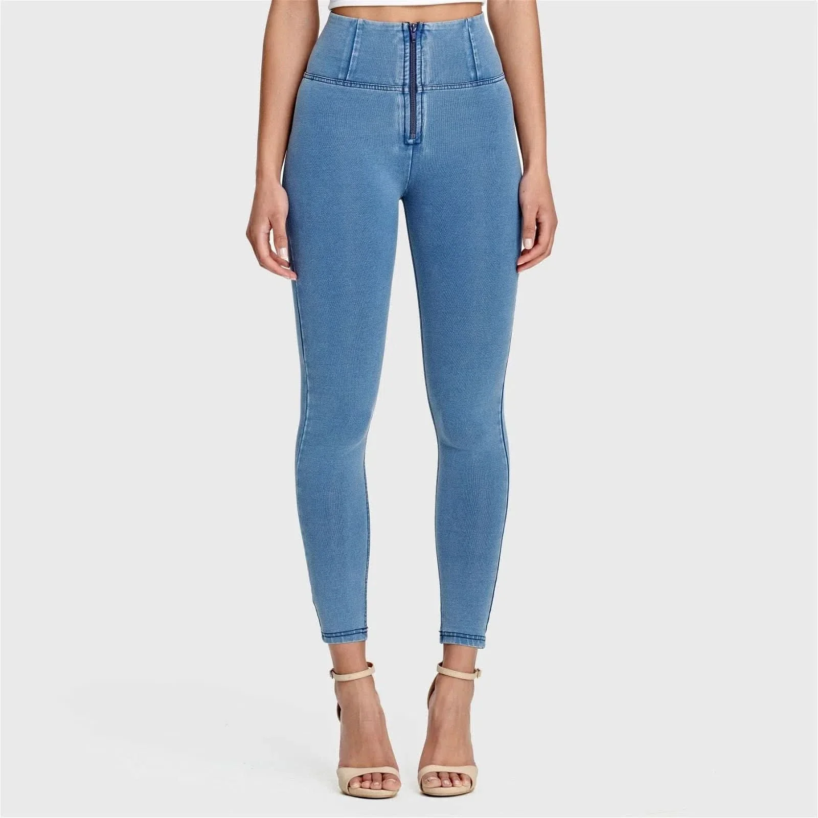 WRUP Denim - High Waisted - 7/8 Length - Light Blue + Blue Stitching - Image 2