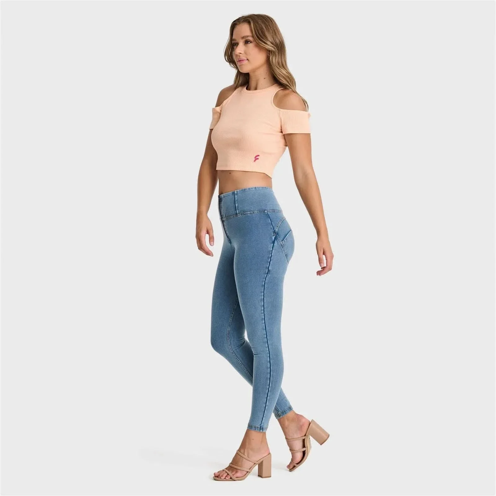 WRUP Denim - High Waisted - 7/8 Length - Light Blue + Yellow Stitching - Image 4