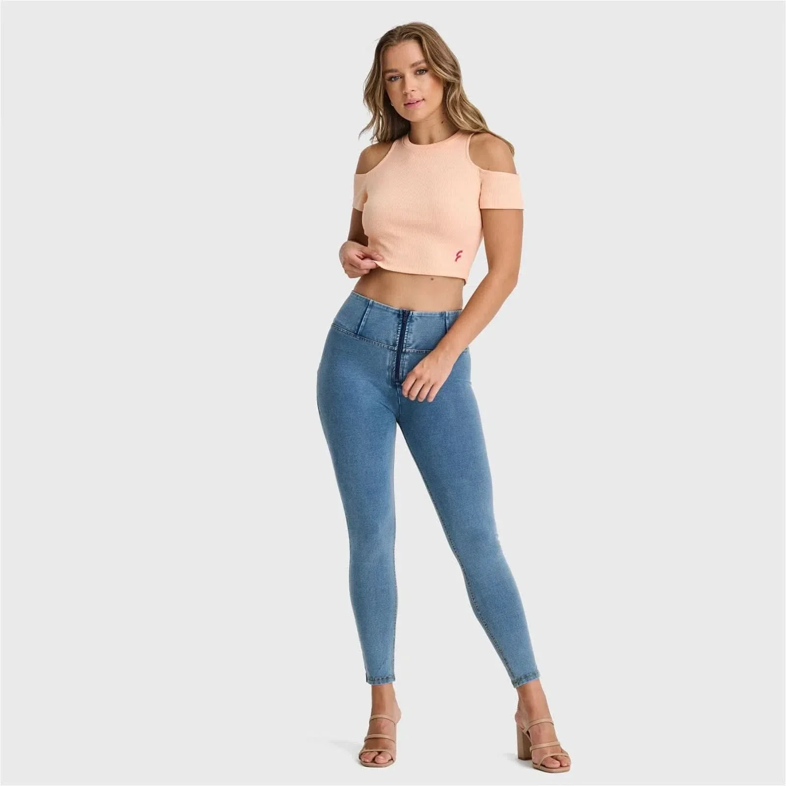 WRUP Denim - High Waisted - 7/8 Length - Light Blue + Yellow Stitching - Image 5