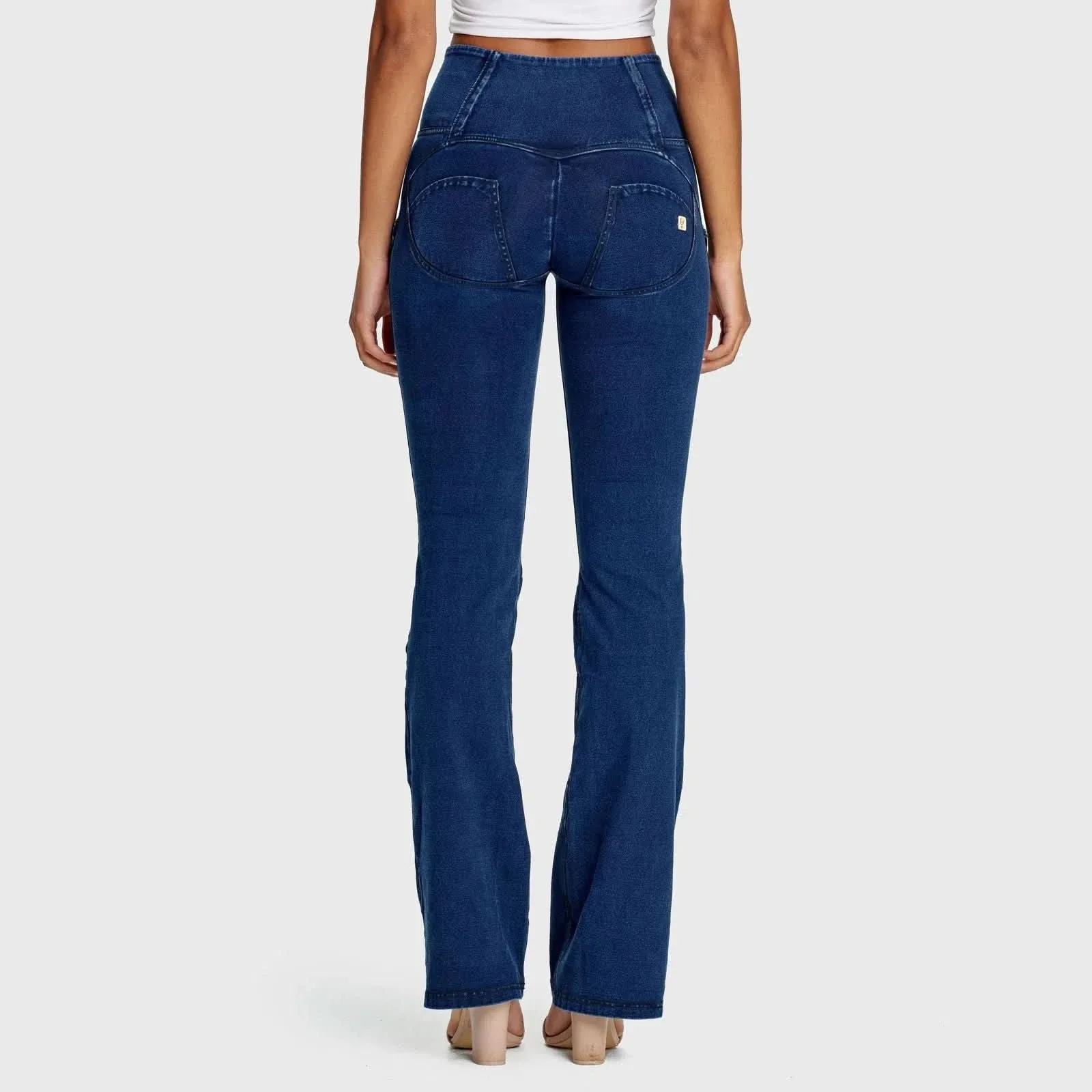 WRUP Denim - High Waisted - Bell Bottom Flare - Dark Blue + Blue Stitching - Image 7