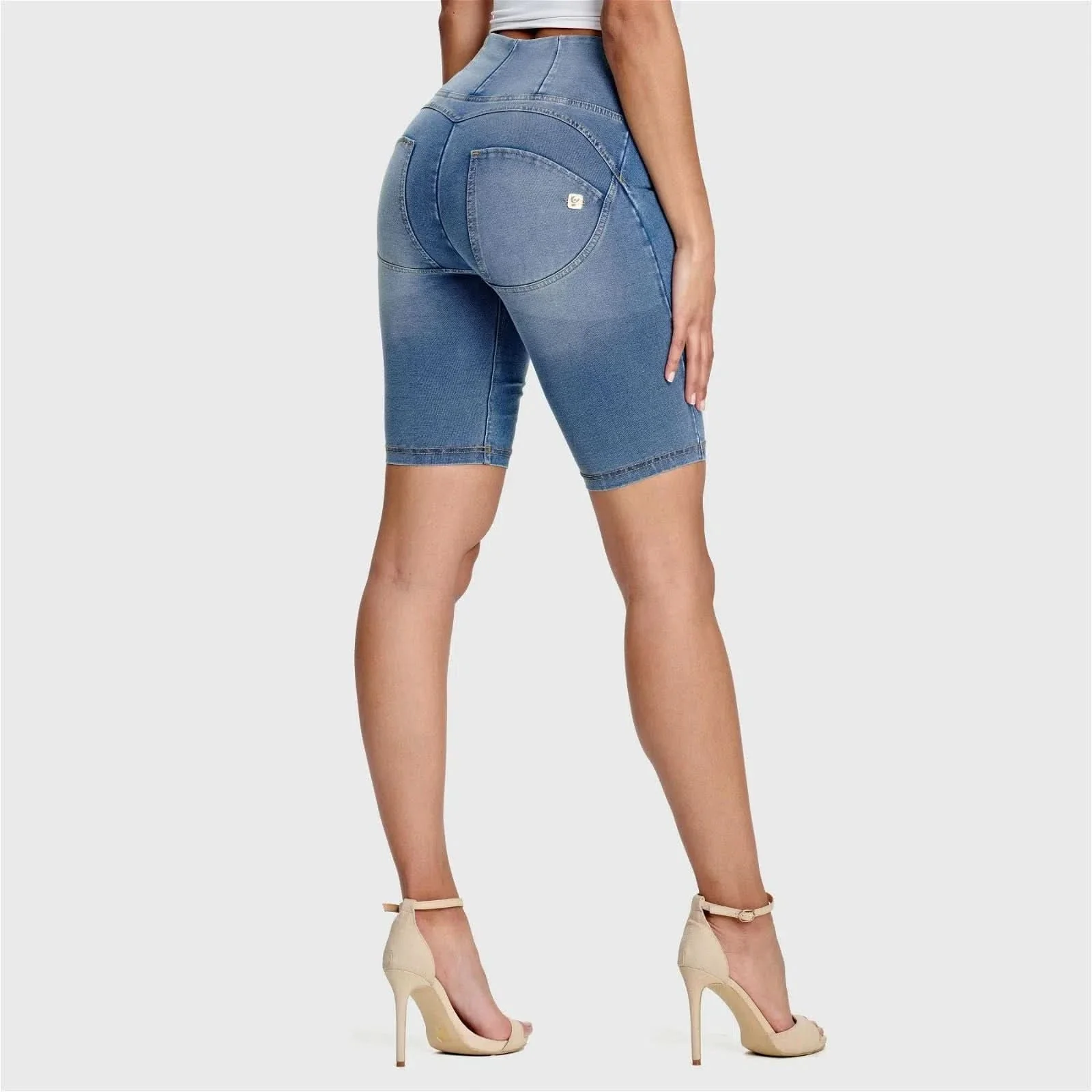 WRUP Denim - High Waisted - Biker Shorts - Light Blue + Yellow Stitching - Image 10