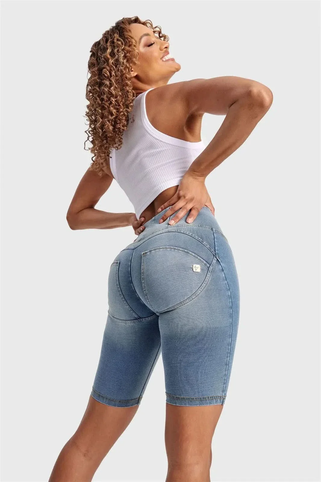 WRUP Denim - High Waisted - Biker Shorts - Light Blue + Yellow Stitching - Image 3