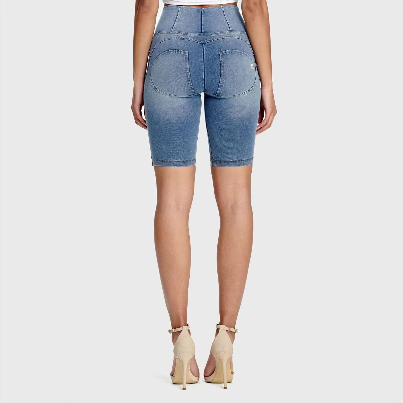 WRUP Denim - High Waisted - Biker Shorts - Light Blue + Yellow Stitching - Image 5