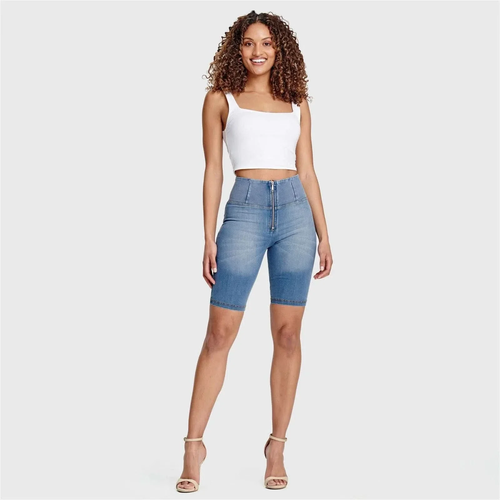 WRUP Denim - High Waisted - Biker Shorts - Light Blue + Yellow Stitching - Image 8