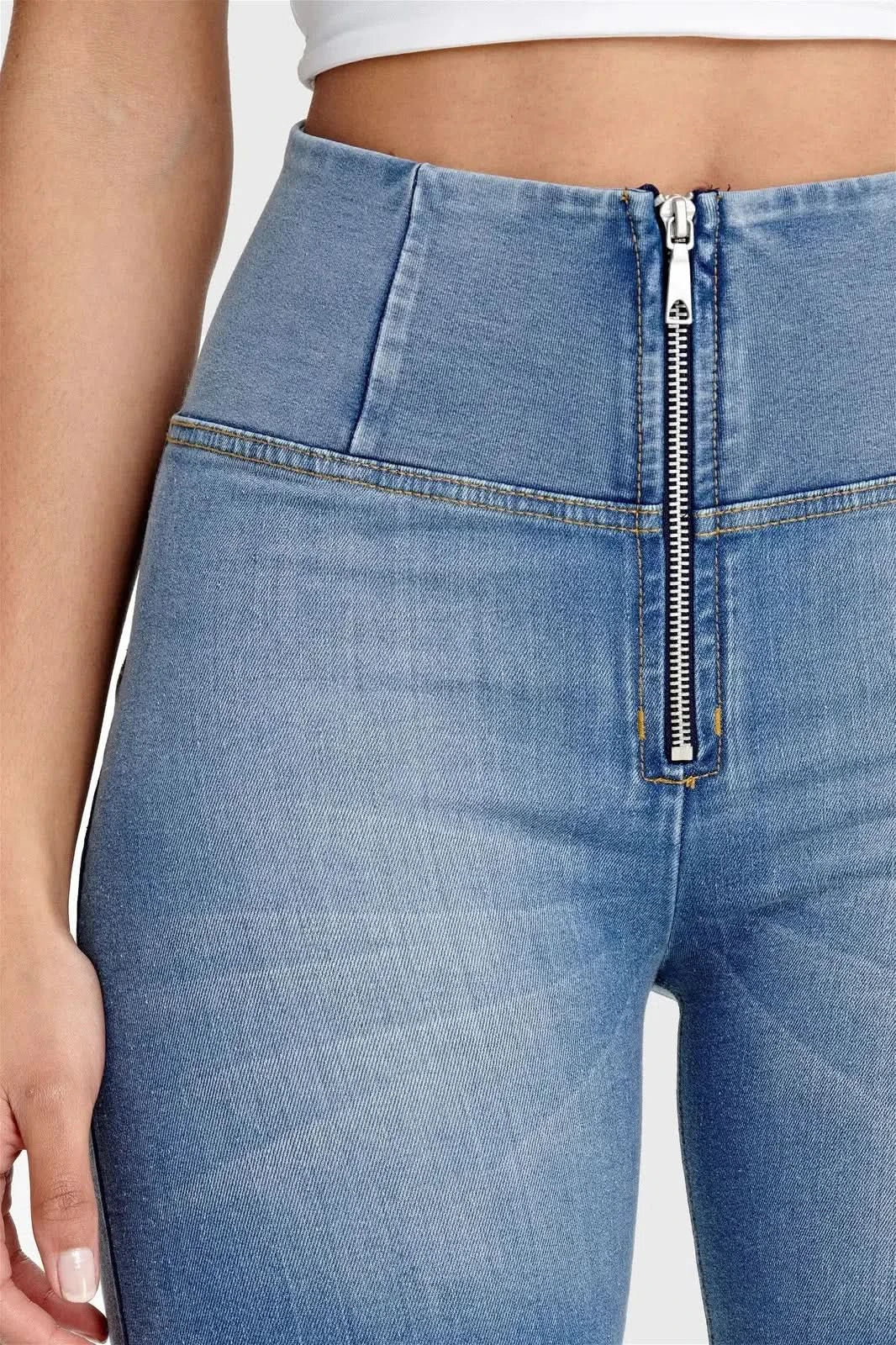 WRUP Denim - High Waisted - Biker Shorts - Light Blue + Yellow Stitching - Image 9