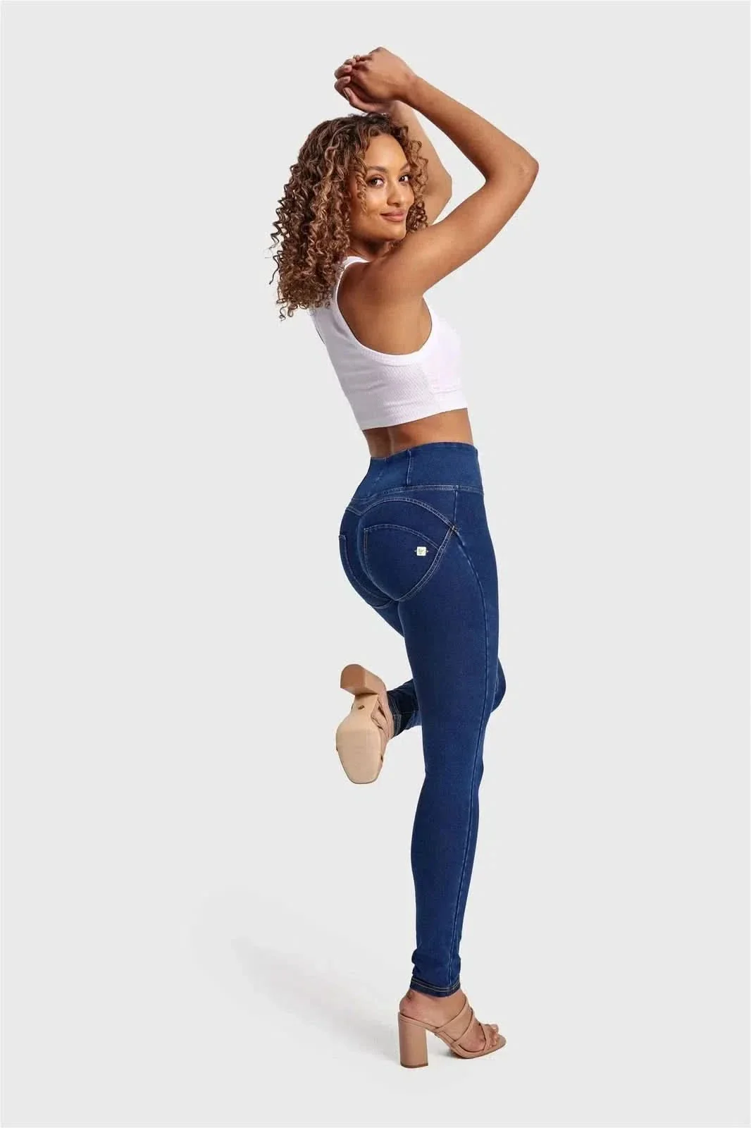 WRUP Denim - High Waisted - Full Length - Dark Blue + Yellow Stitching - Image 2