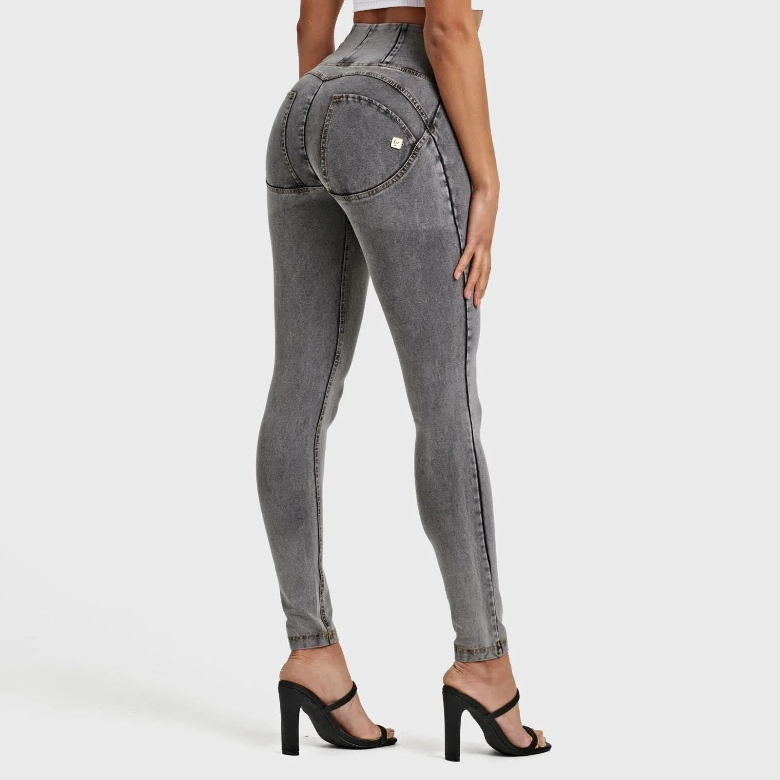 WRUP Denim - High Waisted - Full Length - Grey + Yellow Stitching - Image 3