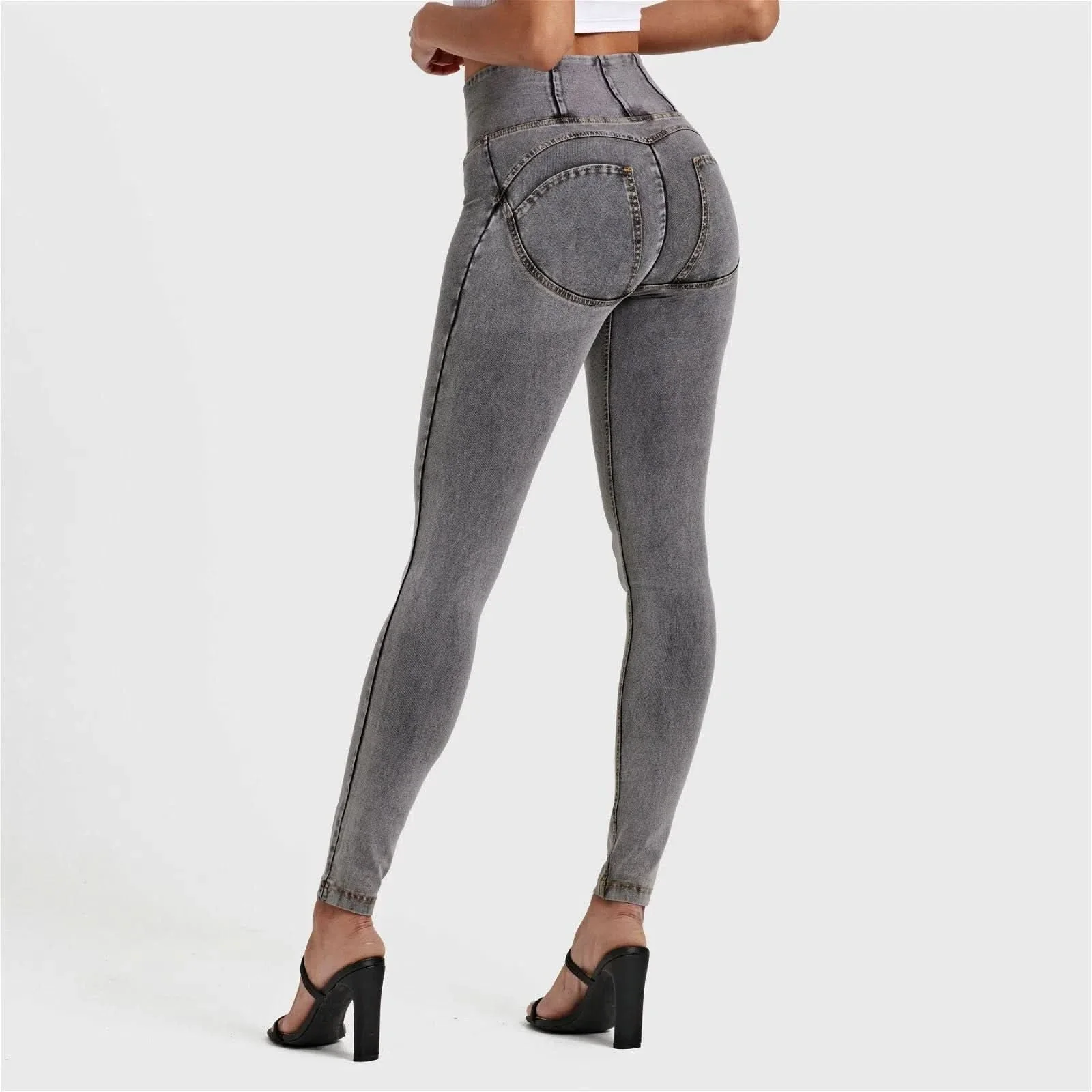 WRUP Denim - High Waisted - Full Length - Grey + Yellow Stitching - Image 8