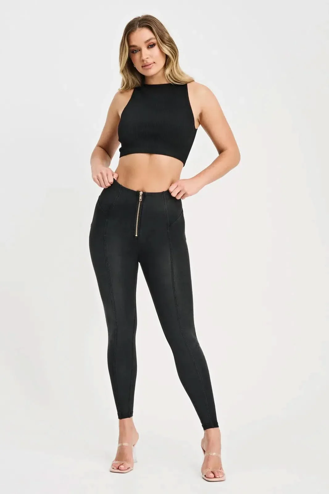 WRUP Denim with Feature Seam - High Waisted - 7/8 Length - Black + Black Stitching - Image 2