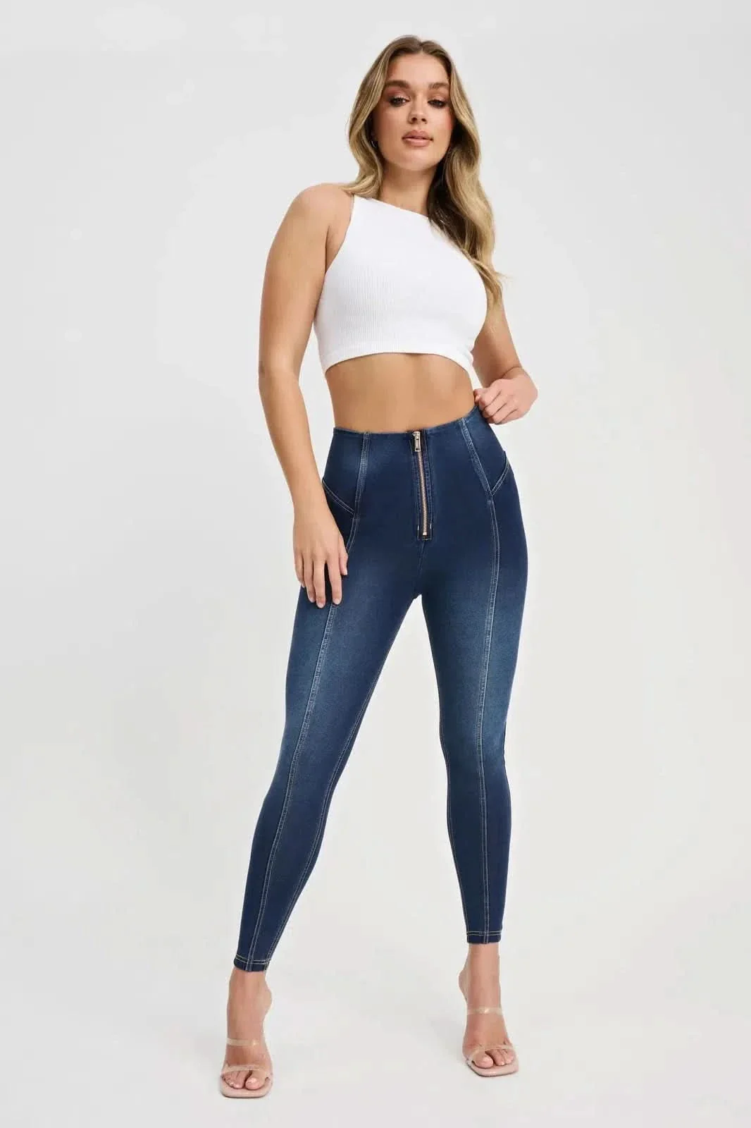 WRUP Denim with Feature Seam - High Waisted - 7/8 Length - Dark Blue + Beige Stitching - Image 2
