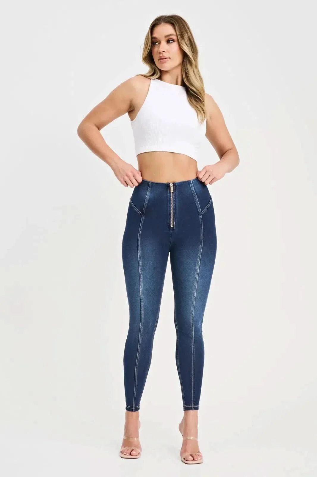 WRUP Denim with Feature Seam - High Waisted - 7/8 Length - Dark Blue + Beige Stitching - Image 5
