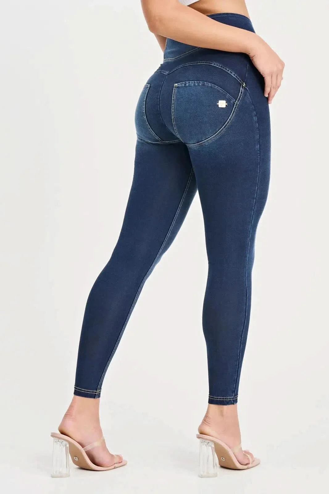 WRUP Denim with Feature Seam - High Waisted - 7/8 Length - Dark Blue + Beige Stitching - Image 6