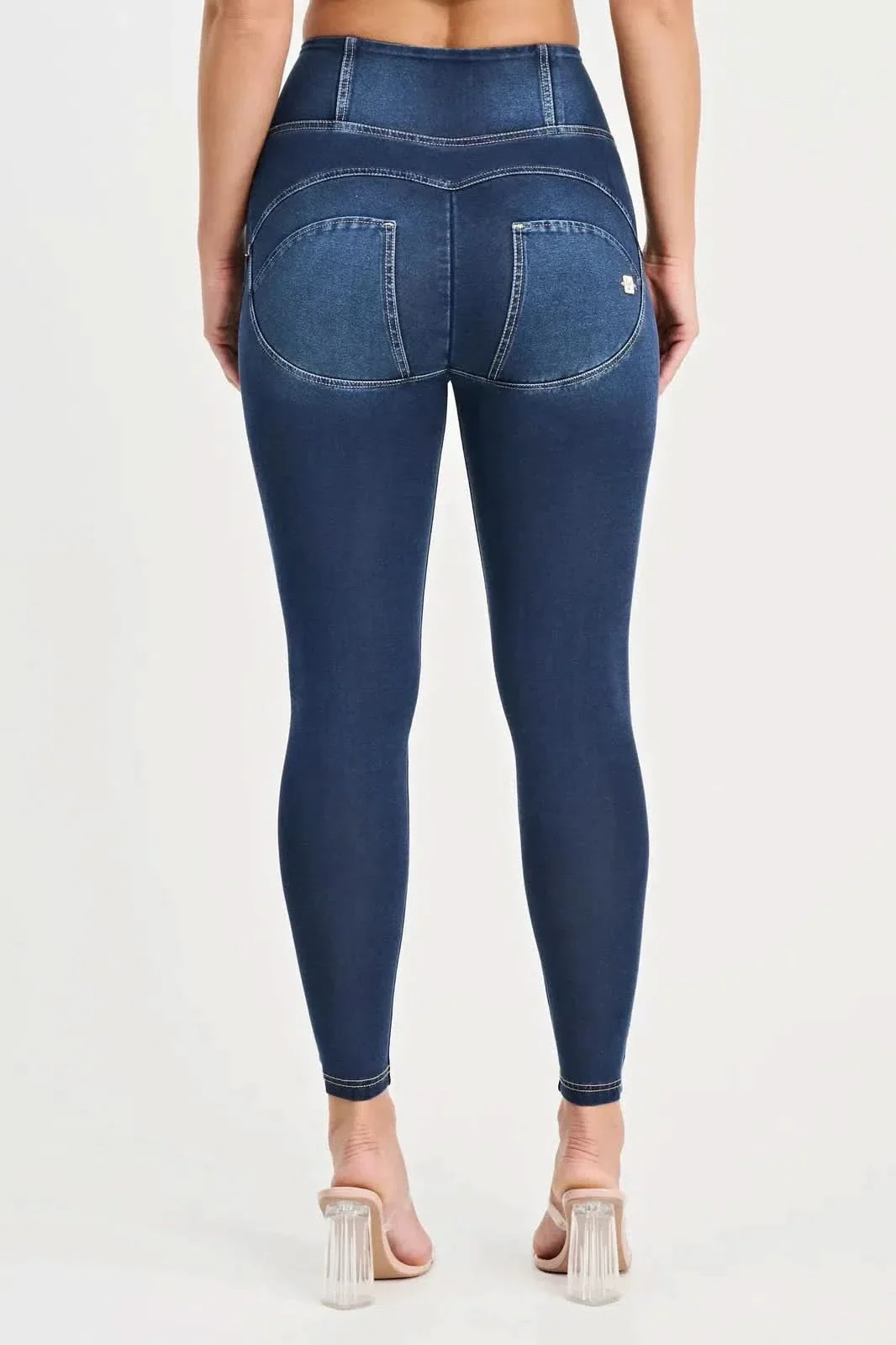 WRUP Denim with Feature Seam - High Waisted - 7/8 Length - Dark Blue + Beige Stitching - Image 7