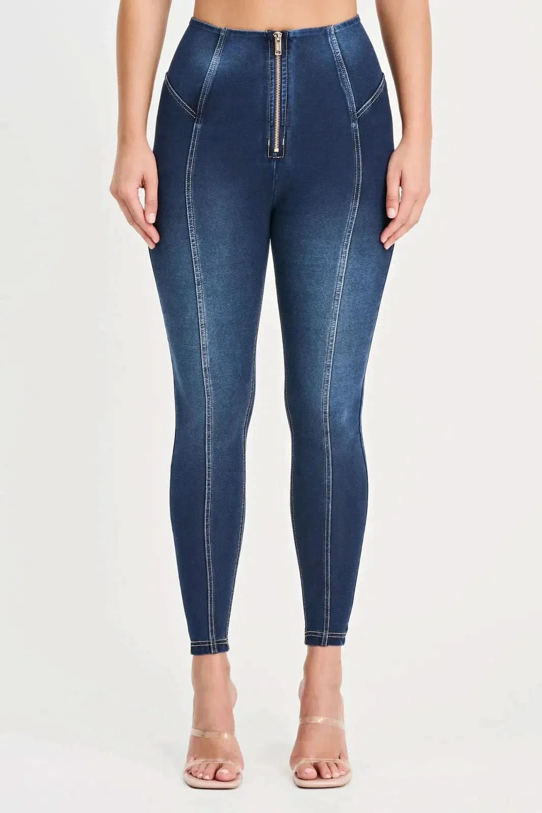 WRUP Denim with Feature Seam - High Waisted - 7/8 Length - Dark Blue + Beige Stitching - Image 8