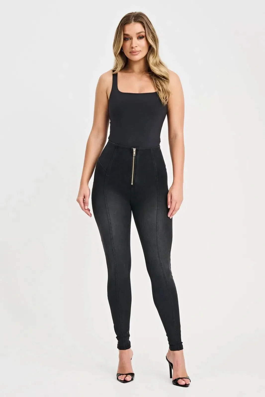 WRUP Denim with Feature Seam - High Waisted - Full Length - Black + Black Stitching