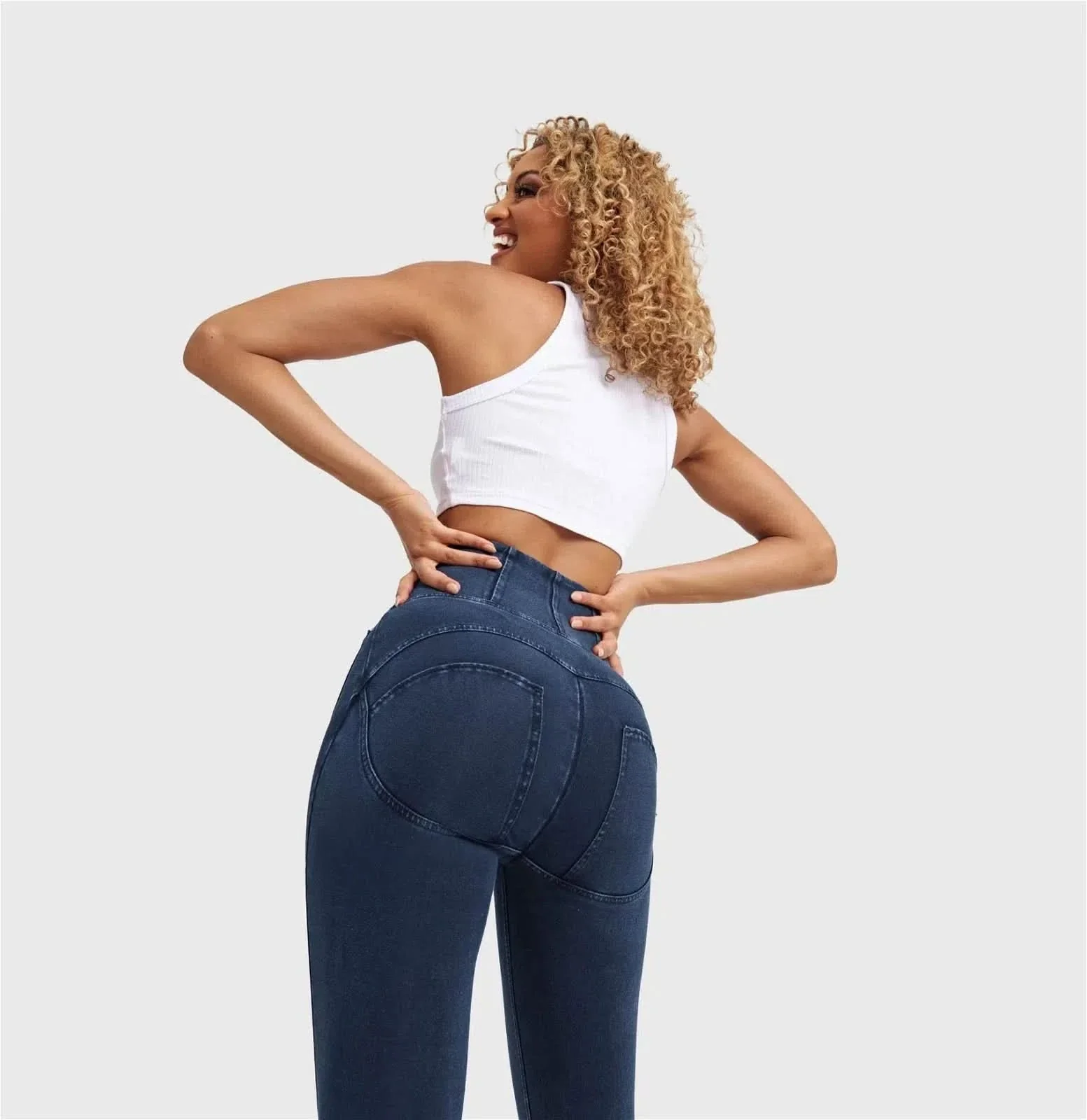 WRUP Denim With Front Pockets - Super High Waisted - 7/8 Length - Dark Blue + Blue Stitching - Image 6