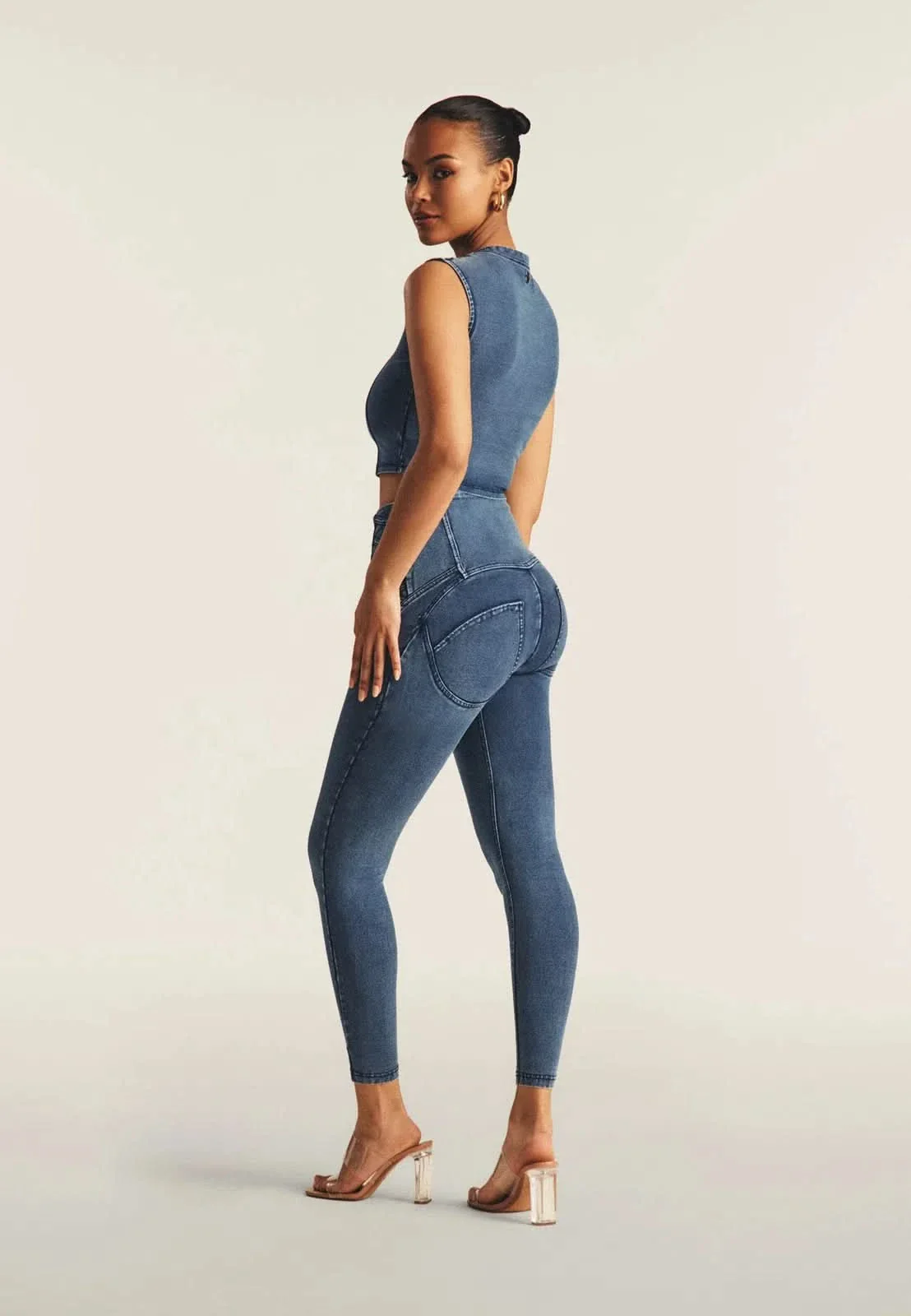 WRUP Denim Criss Cross Detail - High Waisted - 7/8 Length - Indigo Denim + Blue Stitching - Image 3