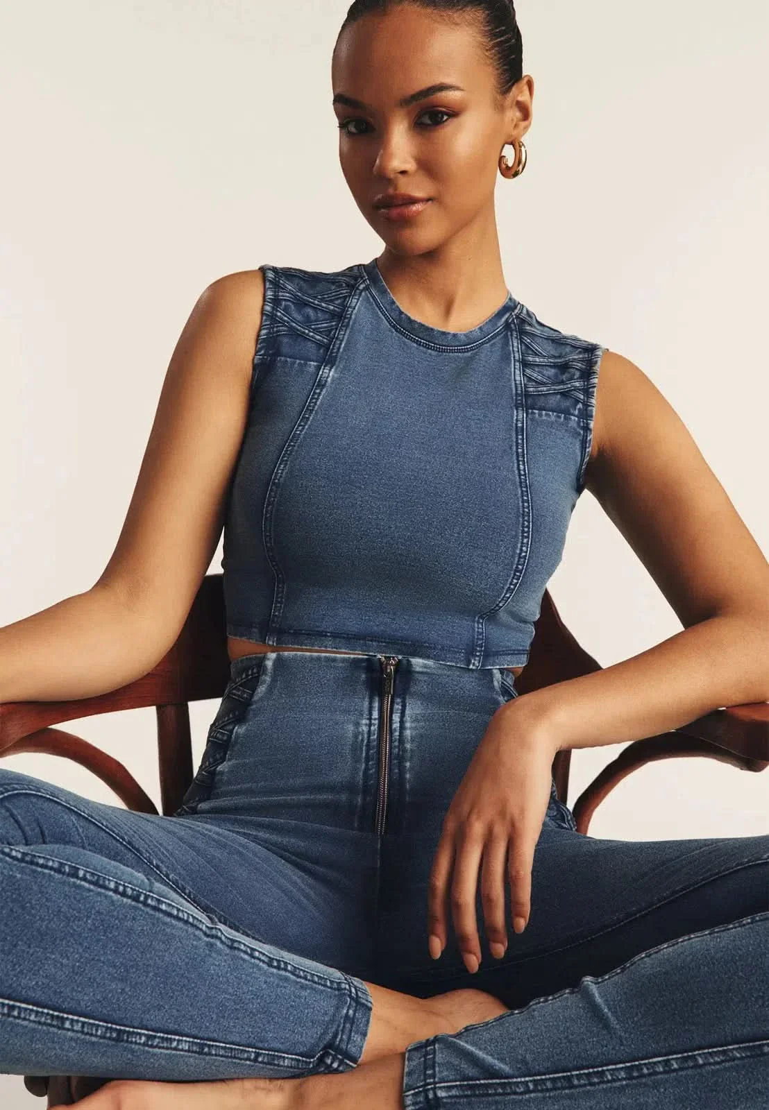 WRUP Denim Criss Cross Detail - High Waisted - 7/8 Length - Indigo Denim + Blue Stitching - Image 5