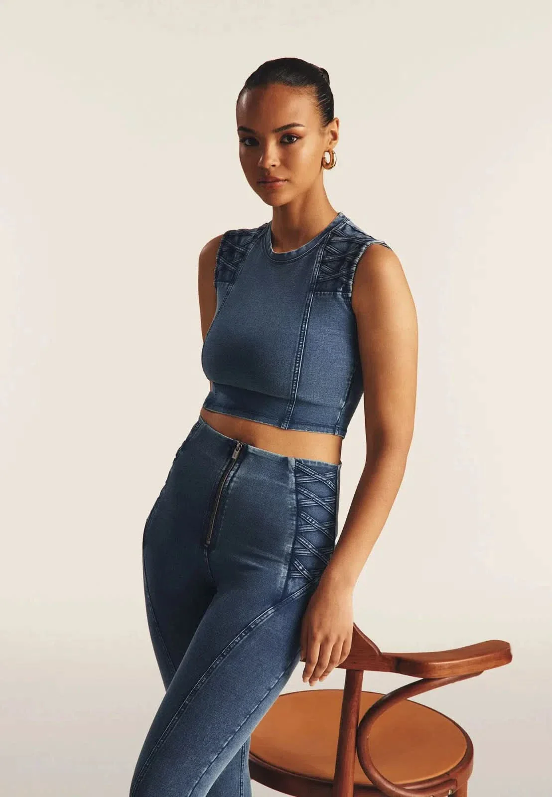 WRUP Denim Criss Cross Detail - High Waisted - 7/8 Length - Indigo Denim + Blue Stitching - Image 6