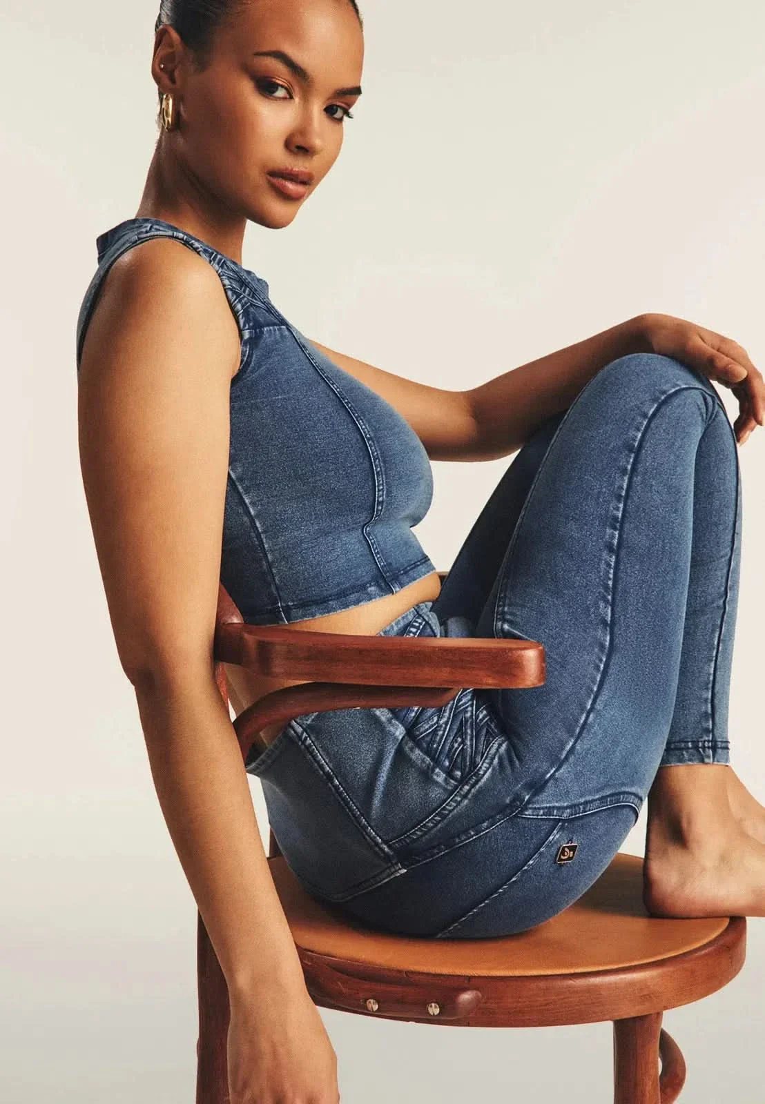 WRUP Denim Criss Cross Detail - High Waisted - 7/8 Length - Indigo Denim + Blue Stitching - Image 7