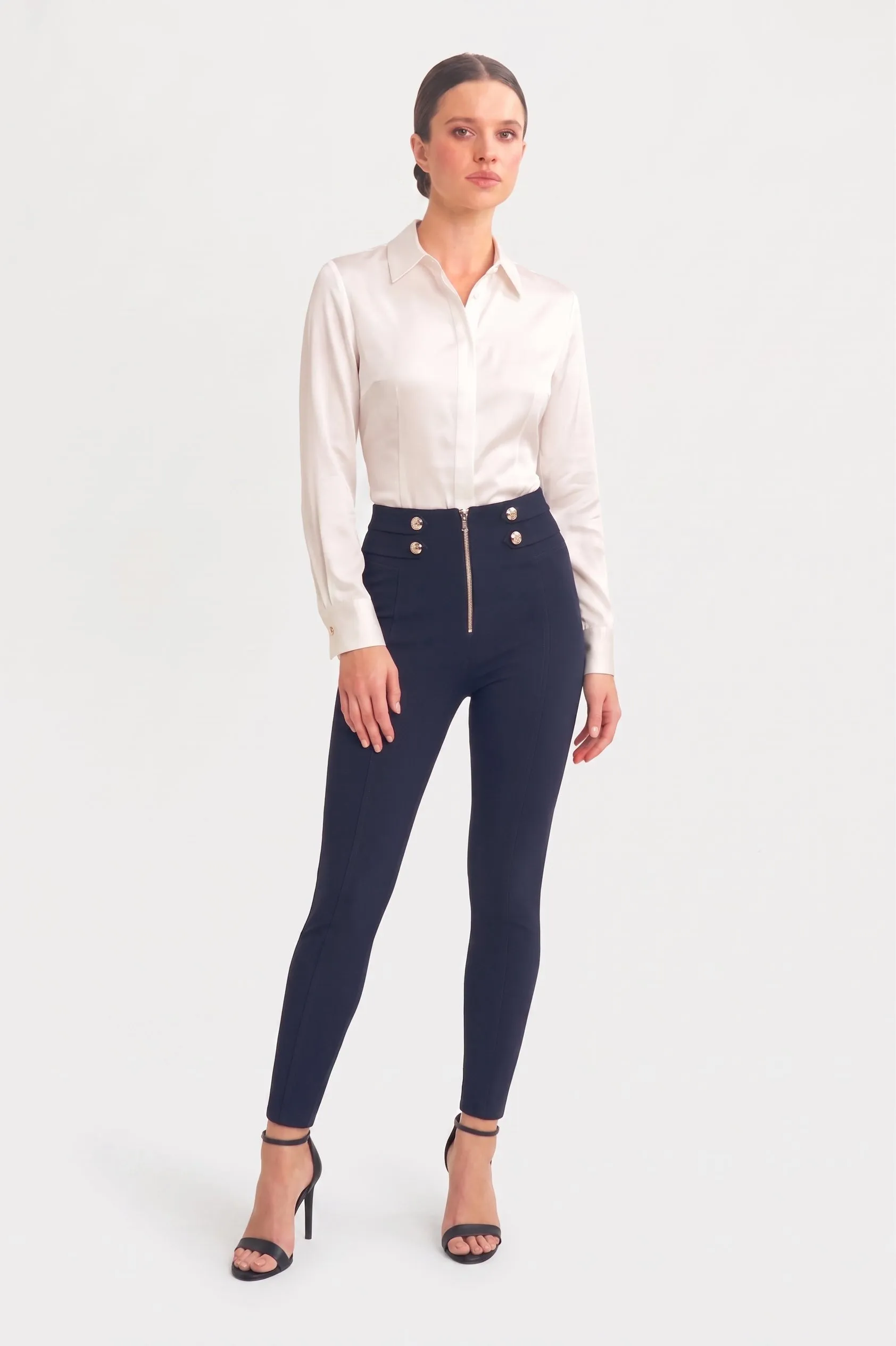WRUP Military Button Detail Fashion - High Waisted - 7/8 Length - Deep Blue