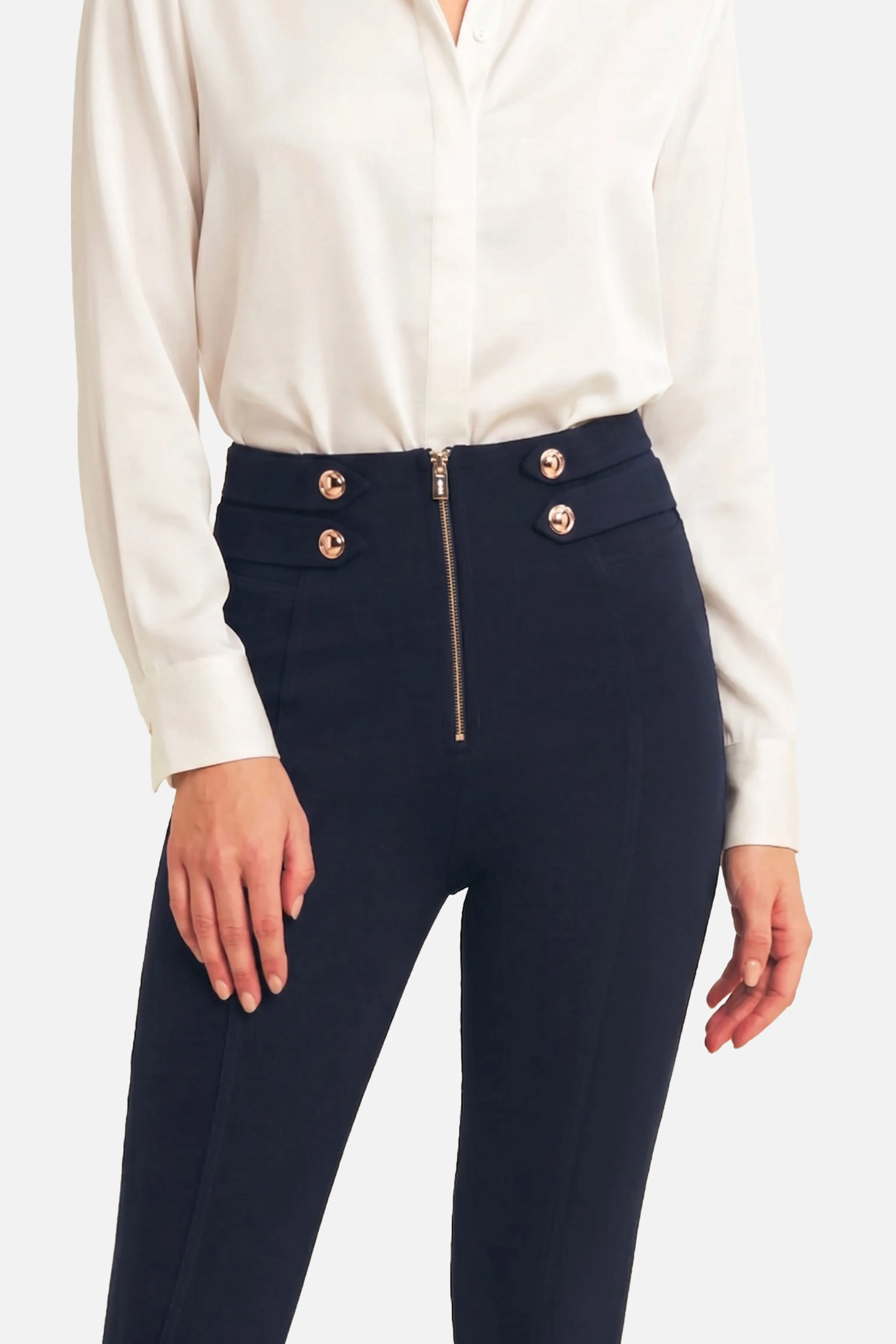 WRUP Military Button Detail Fashion - High Waisted - 7/8 Length - Deep Blue - Image 2